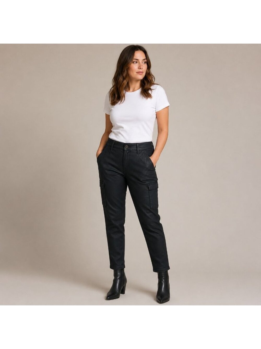PAIGE Black Coated Cargo Black Pants Women’s Size 24 Slim Tapered Utility Chic